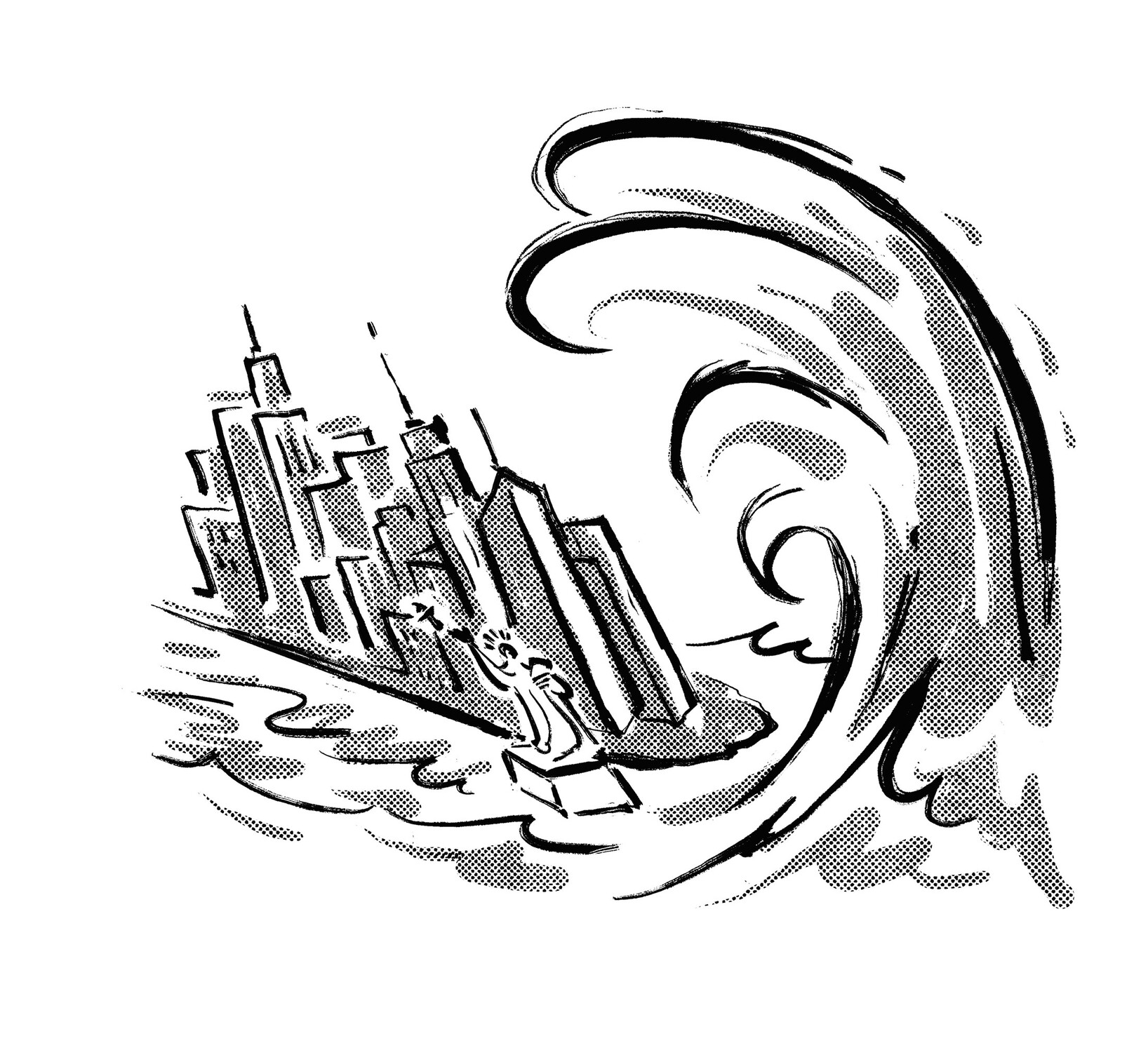 Black-and-white illustration of a giant wave bearing down on the New York City skyline